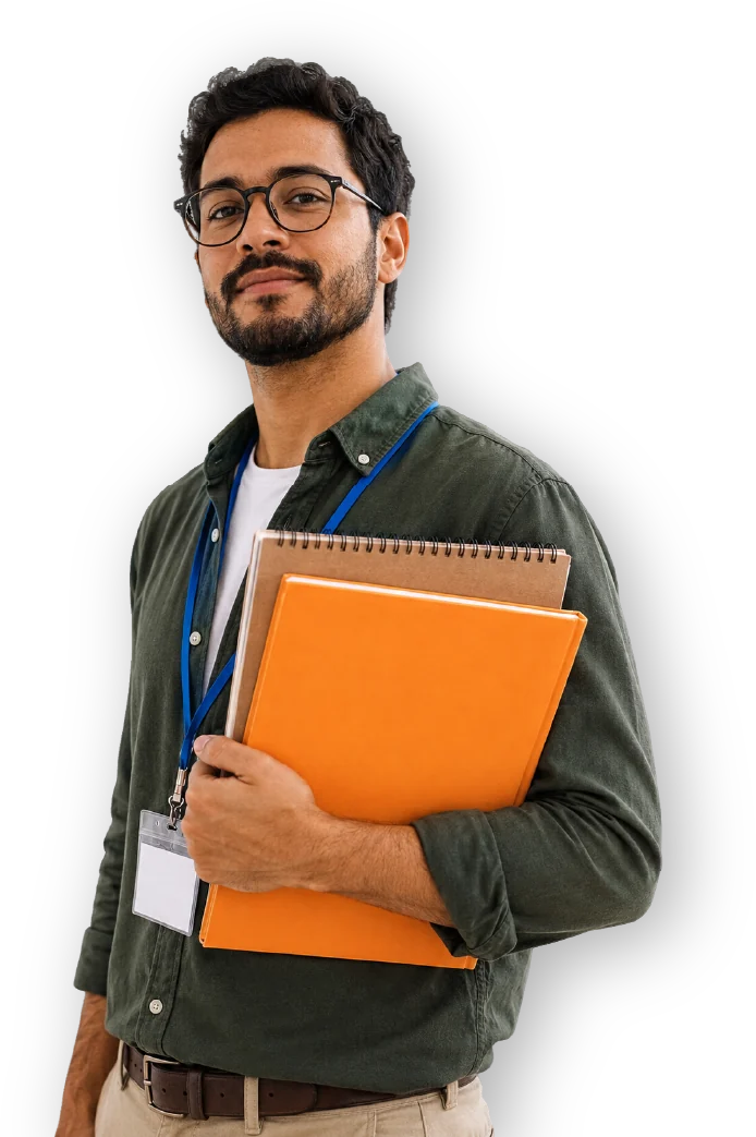 Educador com cadernos e crachá, personagem da campanha do ConheCER